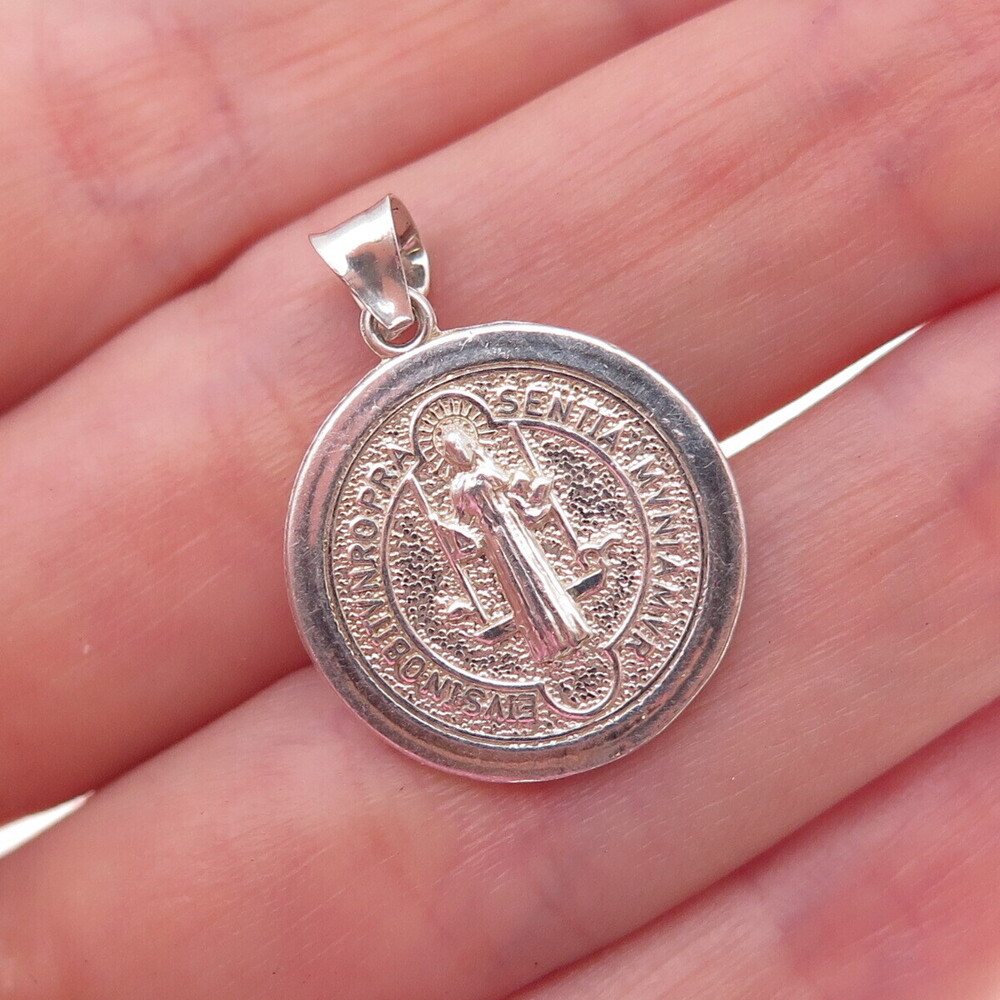 925 Sterling Silver Vintage Mexico Saint Benedict Religious Medal Charm Pendant